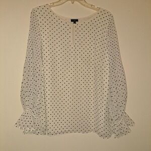 Talbots Plus Women 1X White Black Polka Dot Pleated Ruffle Sleeve Keyhole Blouse